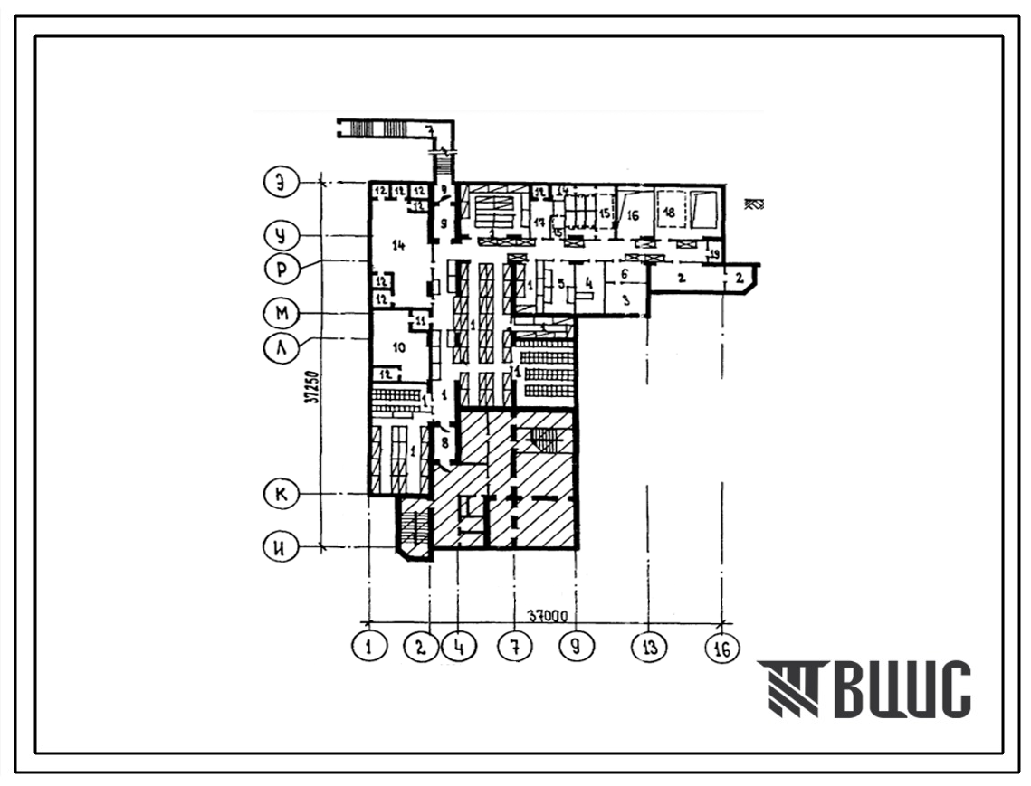 Типовой проект А-II (III,IV)-300(254-07-15.88) Вспомогательные помещения в подвале армейского корпуса на 150 коек (со стенами из кирпича)? (убежище на 300 человек, размеры убежища 37,25м на 37м, режимы вентиляции 1,2).