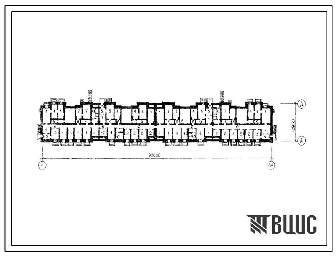 Типовой проект Б-1-700(111-94-43.75) Хозяйственно-бытовые помещения в подвале 9-этажного 4-секционного 144-квартирного жилого дома, (убежище на 700 человек, размеры убежища 90,02м на 12,9м, режимы вентиляции 1,2).