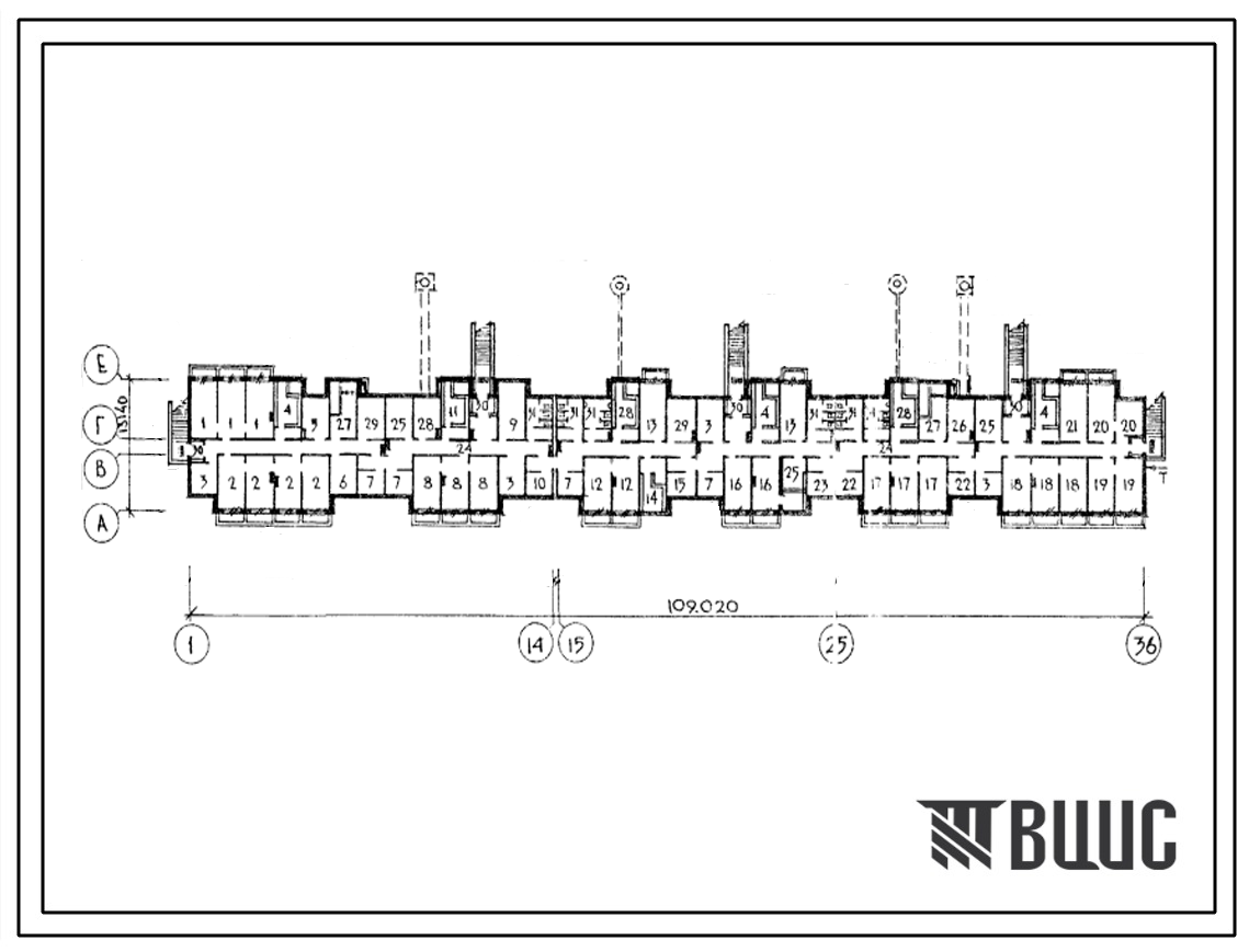 Типовой проект Б-1-1500-80.316(138-016с.1, 138-017с.1, 138-018с.1) Помещения общественного назначения, размещенные в подвале 5этажного 6секционного жилого дома, (убежище на 1500 человек, размеры убежища 109,02м на 13,14м, режимы вентиляции 1,2).