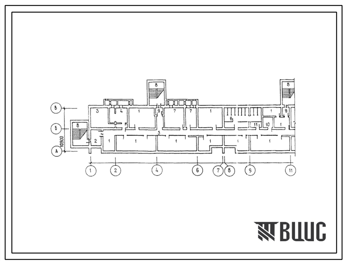 Типовой проект А-IV-1600(113-87-70.3.87) Помещения  общественного назначения, размещаемые в подвале 5 этажного шестисекционного дома на 89 квартир, (убежище на 1600 человек, размеры убежища 103,84м на 10,5м, режимы вентиляции 1,2).