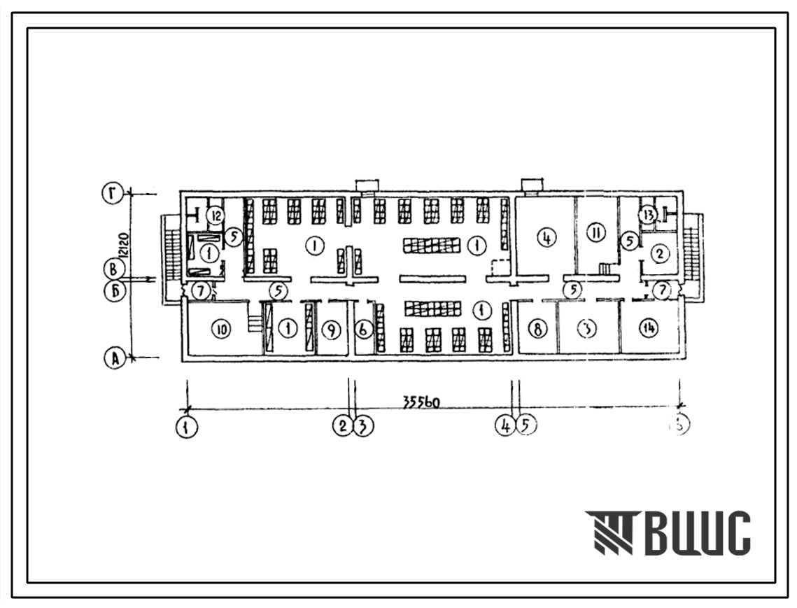 Типовой проект П-4-242(214-1-316с.85) Хозяйственно-бытовые помещения в подвале детских яслей-сада на 50 мест, (убежище на 242 человек, размеры убежища 35,56м на 12,12м, режимы вентиляции 1,2).