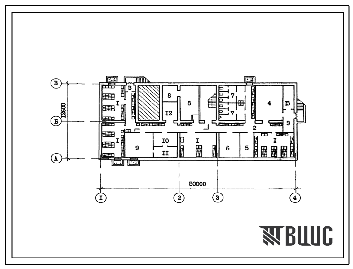 Типовой проект П-4-220(264-21-47сп.13.87) Хозяйственно-бытовые помещения в подвале административного здания тип 3, (убежище на 220 человек, размеры убежища 30м на 12,6м, режимы вентиляции 1,2).