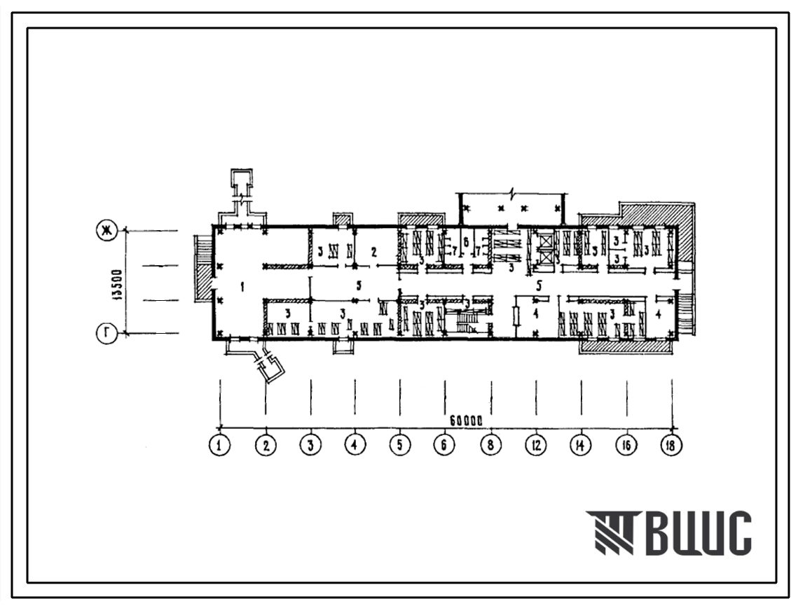 Типовой проект Б-1-600-76.90(252-4-19с) Культурно-бытовые помещения в подвале 4этажного 4секционного дома на 32 квартиры, (убежище на 600 человек, размеры убежища 60м на 13,5м, режимы вентиляции 1,2,3).