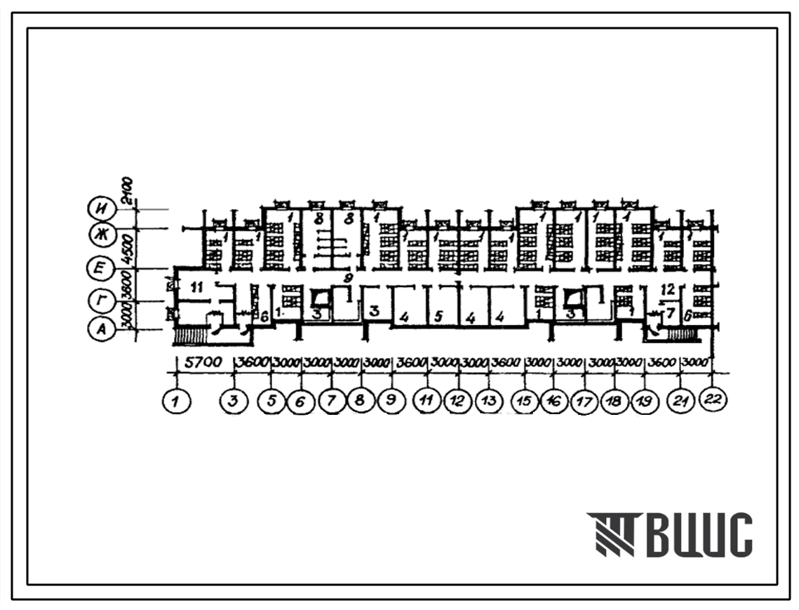 Типовой проект П-1-1457(111-152-14(1.2)) Культурно-бытовые помещения в подвале 9-этажного 6-секционного жилого дома на 215 квартир, (убежище на 1457 человек, размеры убежища 53,1м на 13,2м, режимы вентиляции 1,2).