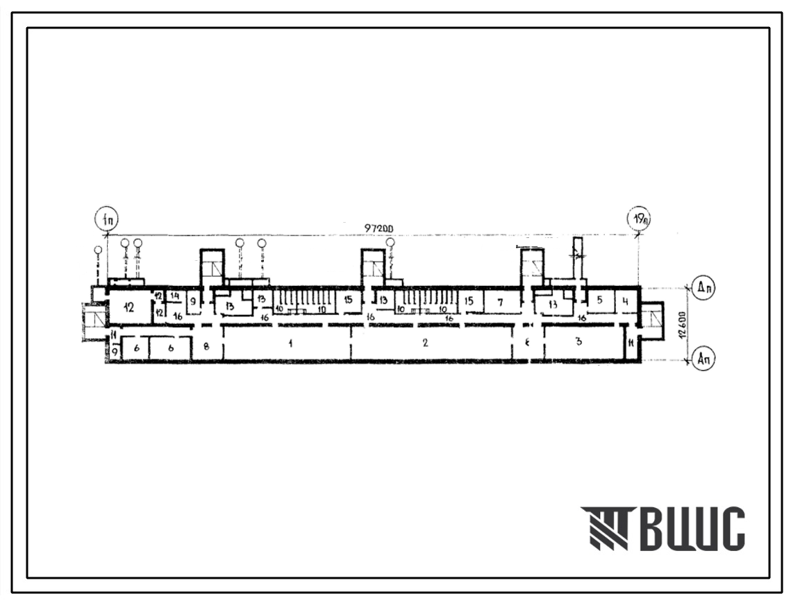 Типовой проект А-IV-1900-80/196 Помещения  общественного назначения А-1У универсального типа в подвале 5-9 этажных жилых домов скомпонованных из блок-секций серии 90 и 121, (убежище на 1900 человек, размеры убежища 97,2м на 12,6м, режимы вентиляции 1,2).