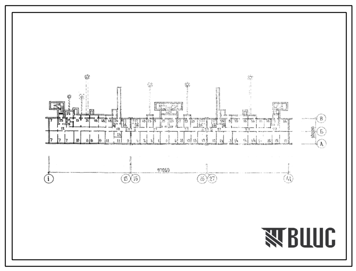 Типовой проект А-IV-1000-78/186 Помещения  общественного назначения в подвале жилого дома, скомпонованного из блок секций 92-03с,92-04с и 92-07с, (убежище на 1000 человек, размеры убежища 97,05м на 10,2м, режимы вентиляции 1,2).