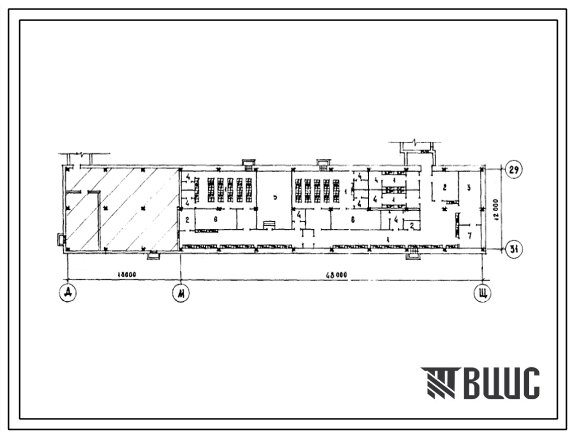 Типовой проект Б-1-270(252-1-57) Хозяйственно-бытовые помещения в подвале блока Г главного корпуса инфекционной больницы на 150 коек, (убежище на 270 человек, размеры убежища 66м на 12м, режимы вентиляции 1,2).