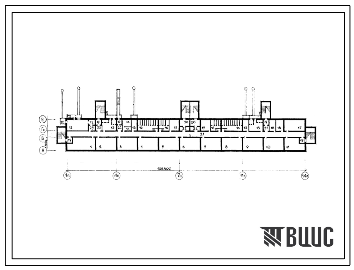 Типовой проект A-IV-2100-211(138—016C/1,138-017С/1 138-0,18/1) Хозяйственно-бытовые помещения, (убежище на 2100 человек, размеры убежища 108,8м на 13,14м, режимы вентиляции 1,2).