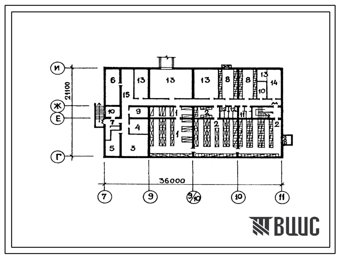 Типовой проект П-4-300(224-1-520пв.86) Хозяйственно-бытовые помещения подвала школы на 18 классов (689-704 учащихся) со стенами из кирпича, (убежище на 300 человек, размеры убежища 36м на 21,1м, режимы вентиляции 1,2).