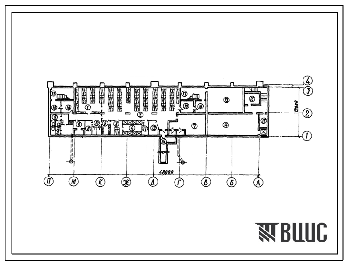 Типовой проект А-3-360(409-14-35) Хозяйственно-бытовые помещения в подвале административно-бытовой пристройки производствннного корпуса базы для обслуживания и ремонта, (убежище на 360 человек, размеры убежища 48м на 12м, режимы вентиляции 1,2).