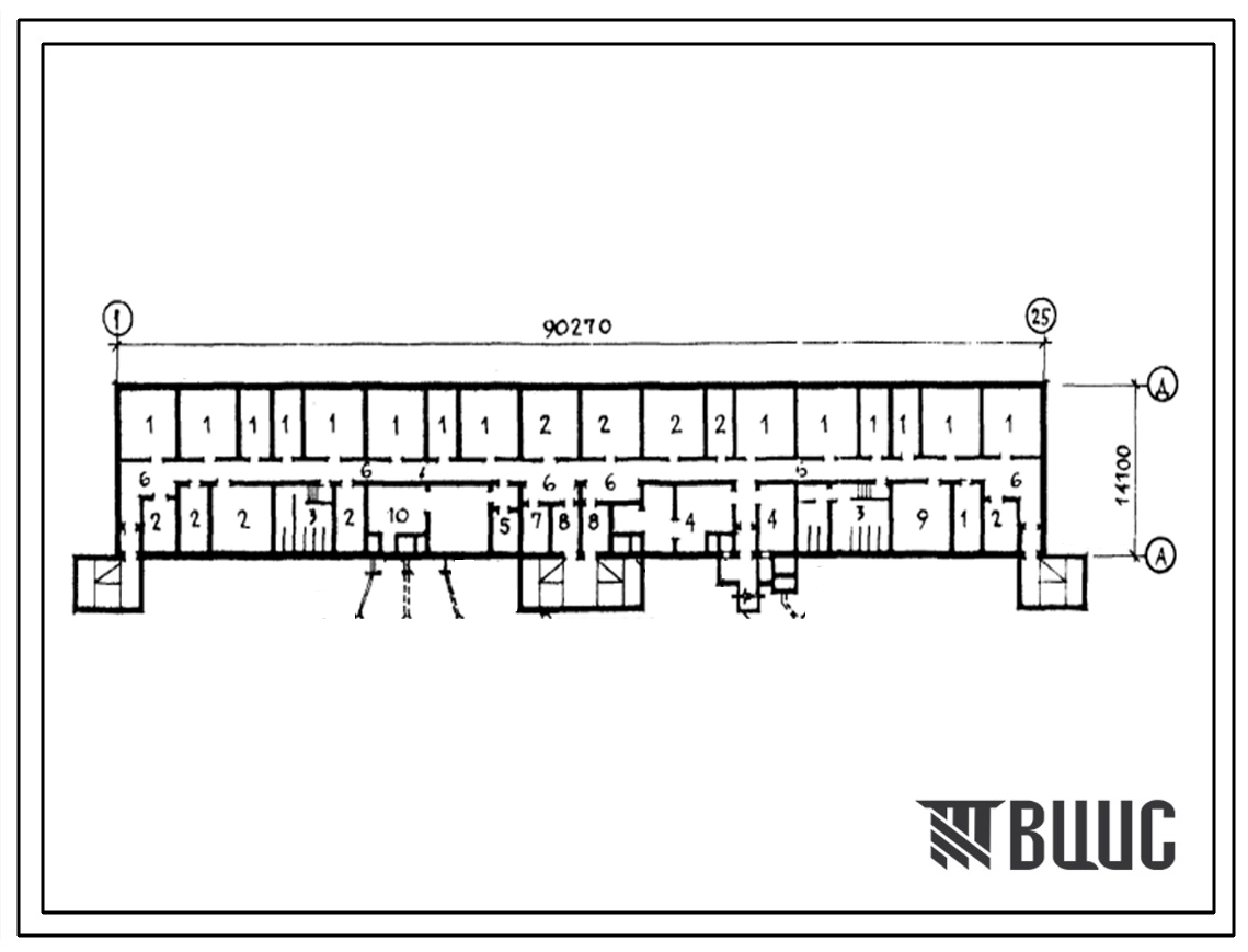 Типовой проект A-IV-1500 113-126-58.84 Помещения общественного назначения в подвале 5-этажного 6-секционного дома. (убежище на 1500 человек, размеры убежища 90,27м на 14,1м, режимы вентиляции 1,2).