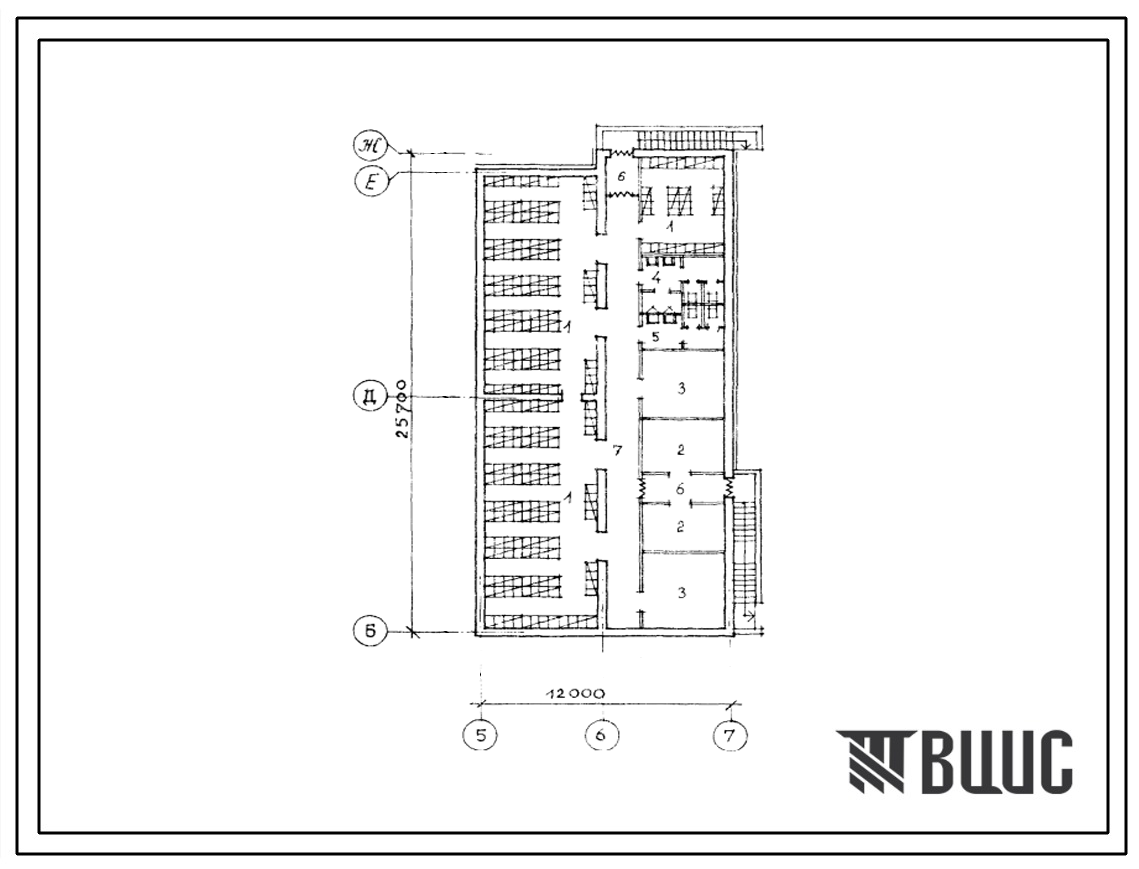 Типовой проект П-4-317(264-13-131С.85) Хозяйственно-бытовые помещения, приспосабливаемые под ПРУ в подвале кинотеатра (стены кирпичные) на 300 мест, (убежище на 317 человек, размеры убежища 25,7м на 12м, режимы вентиляции 1,2).