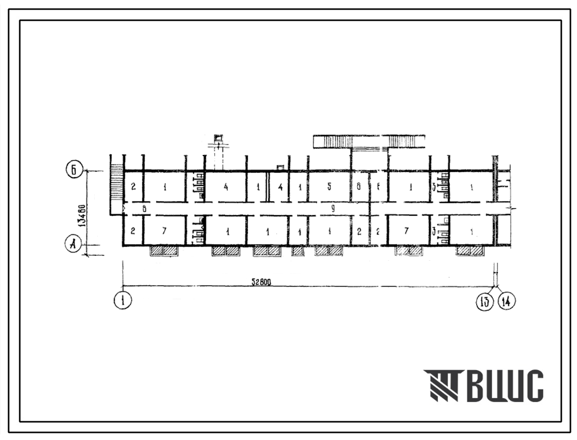 Типовой проект Б-1-1230(114-77-48 сп.1) Культурно-бытовые помещения в подвале 4-этажного 6-секционного дома на 48-квартир, (убежище на 1230 человек, размеры убежища 52,8м на 13,48м, режимы вентиляции 1,2).