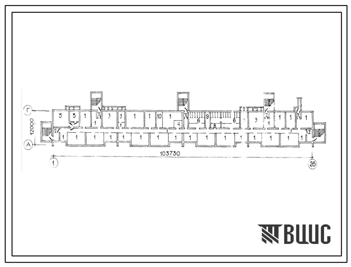 Типовой проект А-IV-1750(114-87-2/75.2) Помещения общественного назначения подвале 9 этажного жилого дома, (убежище на 1750 человек, размеры убежища 103,73м на 12м, режимы вентиляции 1,2).