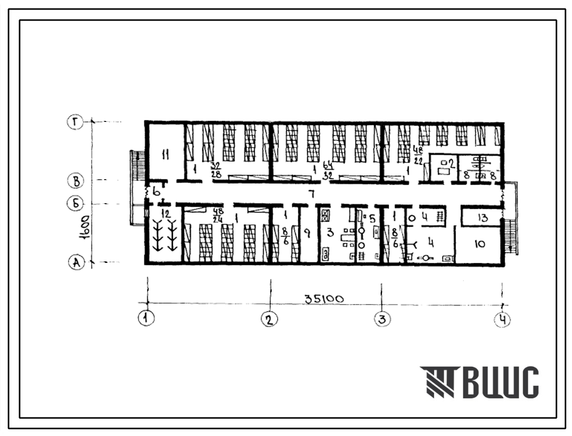 Типовой проект П-4-285(224-3-33с.86) Хозяйственно-бытовые помещения в подвале интерната при школе (спальный корпус) на 120 мест, (убежище на 285 человек, размеры убежища 35,1м на 15м, режимы вентиляции 1,2).