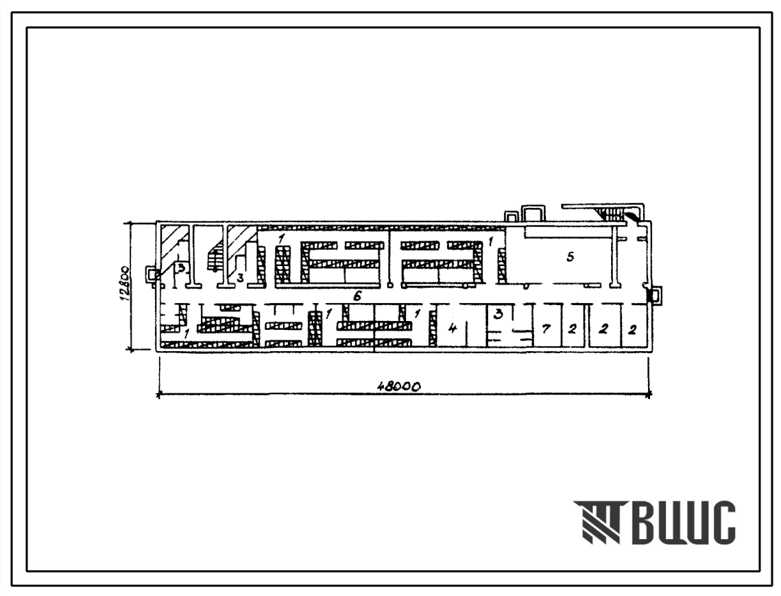 Типовой проект П-2(П-4)-480(416-9-19.83) Бытовые помещения в подвале служебно-бытового здания со столовой для промзоны двух отделений, приспосабливаемые под ПРУ (убежище на 480 человек, размеры убежища 48м на 12,8м, режимы вентиляции 1,2,3).