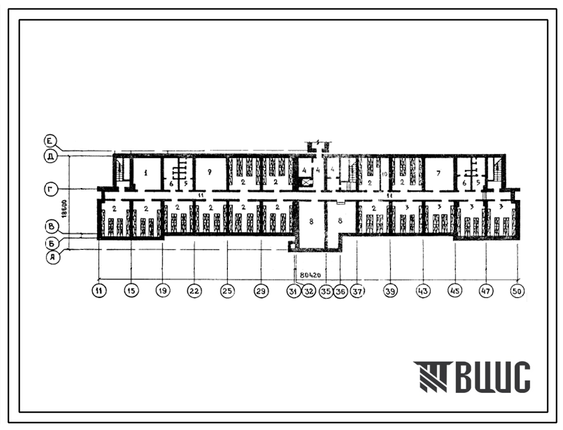 Типовой проект П-1-650(244-1-47) Вспомогательные помещения в подвале главного корпуса (блок «1») детского санатория (стены кирпичные) на 360 мест,(убежище на 650 человек, размеры убежища 80,42м на 18,6м, режимы вентиляции 1,2).