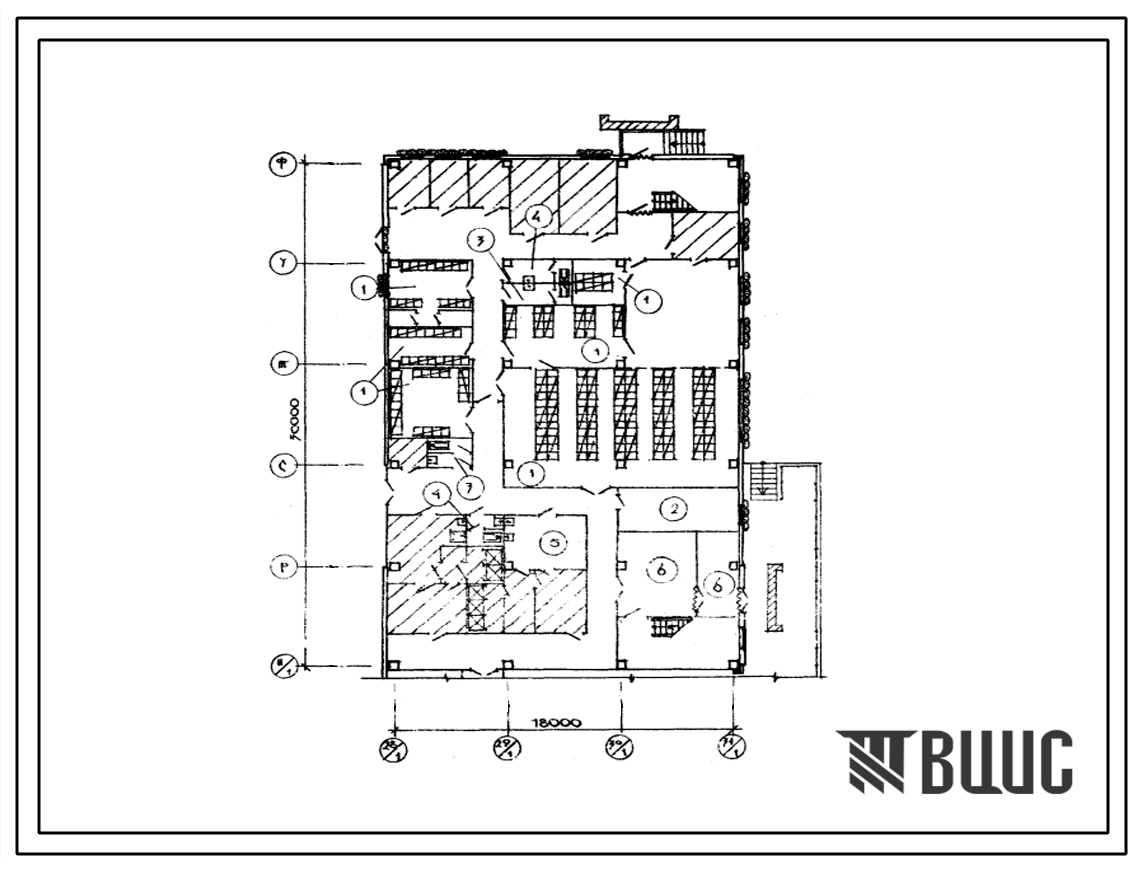 Типовой проект П-2-255(701-1-38с.85) Вспомогательно-бытовые помещения 1 этажа склада для хранения продовольственных товаров, (убежище на 255 человек, размеры убежища 30м на 18м, режимы вентиляции 1,2).