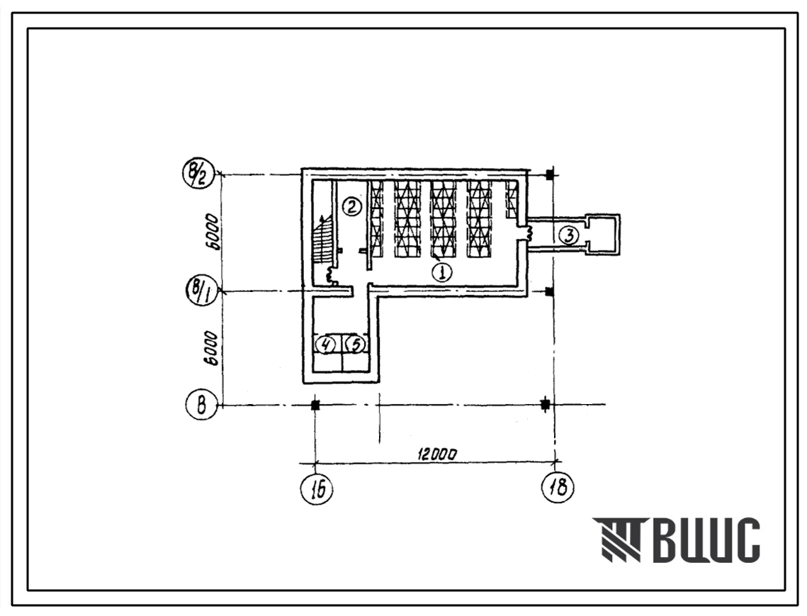Типовой проект Б-1-75(816-1-8) Служебно-технические помещения в подвале производственного корпуса цеха по ремонту тракторов типа т-54в,т-54с,т-70с, (убежище на 75 человек, размеры убежища 12м на 12м, режимы вентиляции 1).