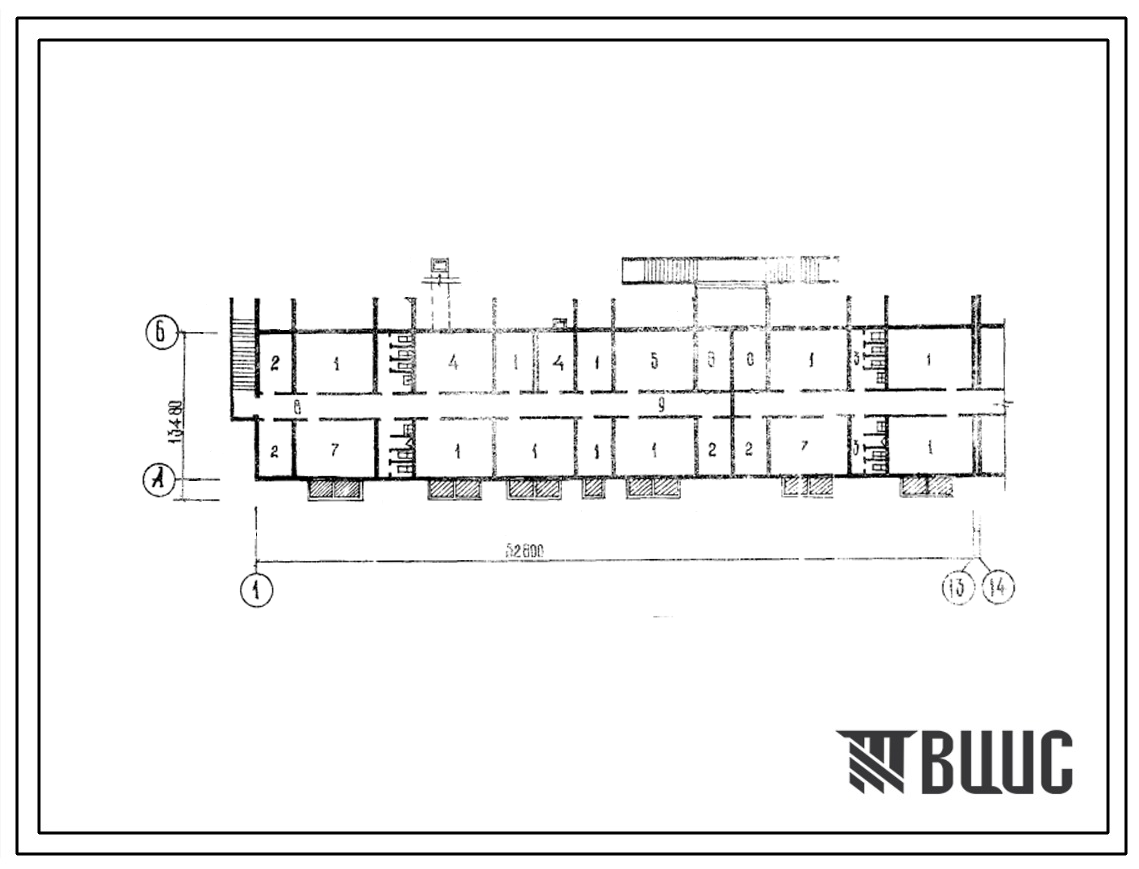 Типовой проект Б-2-1230(114-77-48 сп.1) Культурно-бытовые помещения в подвале 4 этажного 6 секционного  дома на 48 квартир, (убежище на 1230 человек, размеры убежища 62,6м на 13,48м, режимы вентиляции 1,2).