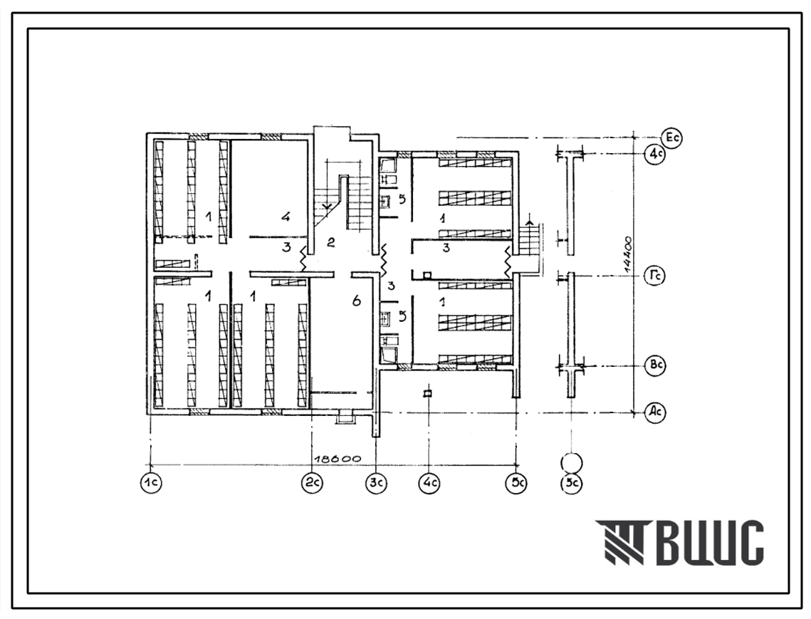 Типовой проект П-2-230(42-0181с.13.87) Подсобные помещениями подвала  2-этажной 6-квартирной торцовой блок-секции Т-1.2.2, (убежище на 230 человек, размеры убежища 18,6м на 14,4м, режимы вентиляции 1,2,3).