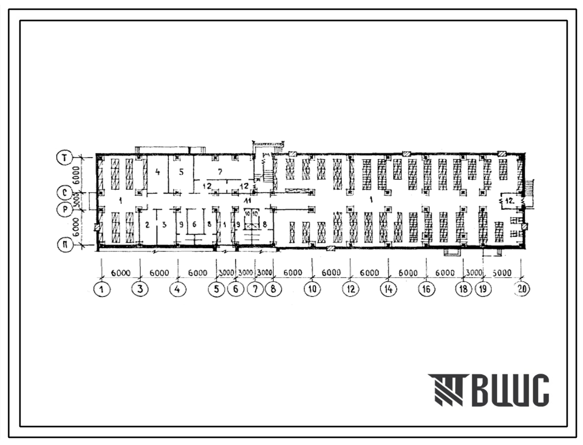 Типовой проект П-4-600(232-2-70.83) Помещения в подвале учебного и общественно-бытового корпуса сельскохозяйственного техникума на 1440 учащихся, (убежище на 600 человек, размеры убежища 63м на 15м, режимы вентиляции 1,2).