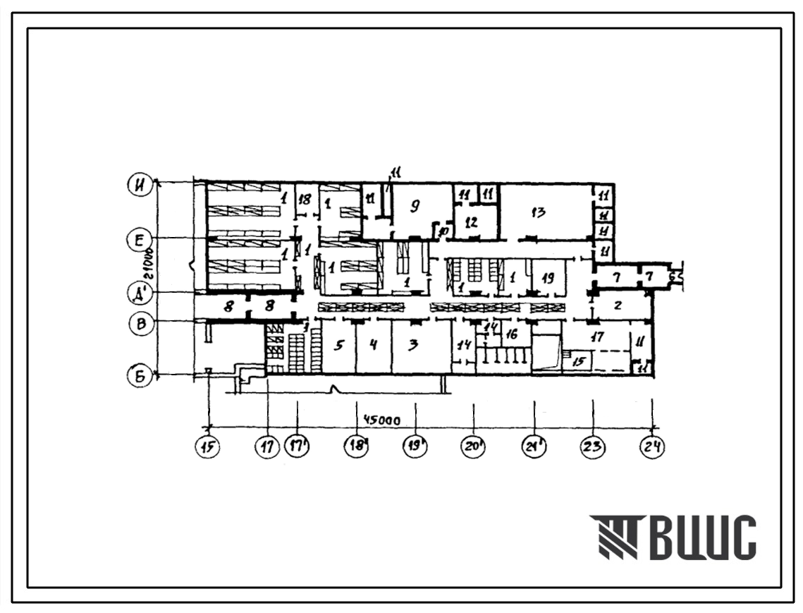 Типовой проект А-II (III,IV)-320(254-07-17.88) Вспомогательные помещения в подвале акушерского корпуса на 100 коек (со стенами из кирпича), (убежище на 320 человек, размеры убежища 45м на 21м, режимы вентиляции 1,2).