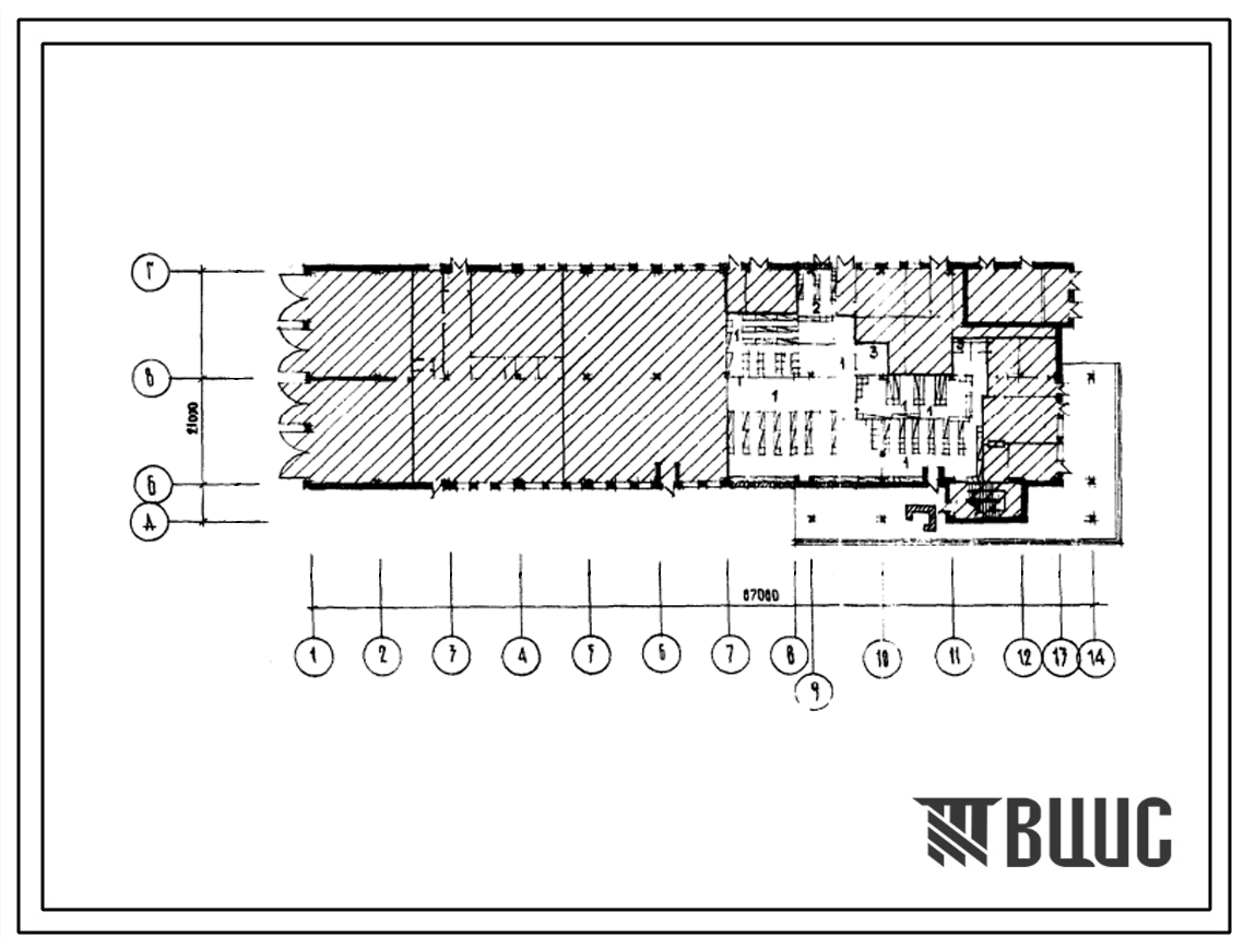 Типовой проект Б-3-384(282-3-36) Помещения первого этажа зданий предприятий хозяйственно-технического обслуживания, (убежище на 384 человек, размеры убежища 67,08м на 21м, режимы вентиляции 1).