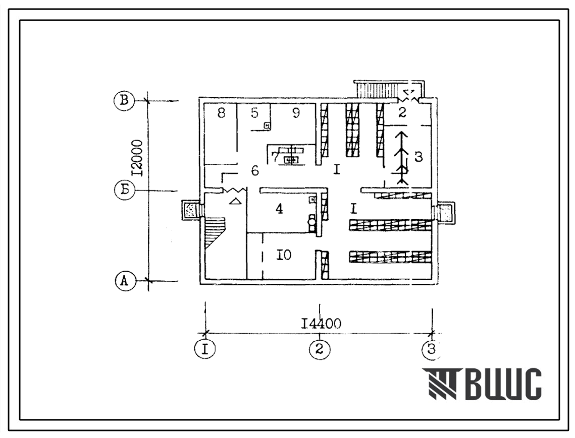 Типовой проект П-4-120(264-20-91сп.13.86) Хозяйственно-бытовые помещения в подвале сельсовета на 6 рабочих мест, (убежище на 120 человек, размеры убежища 14,4м на 12м, режимы вентиляции 1,2).