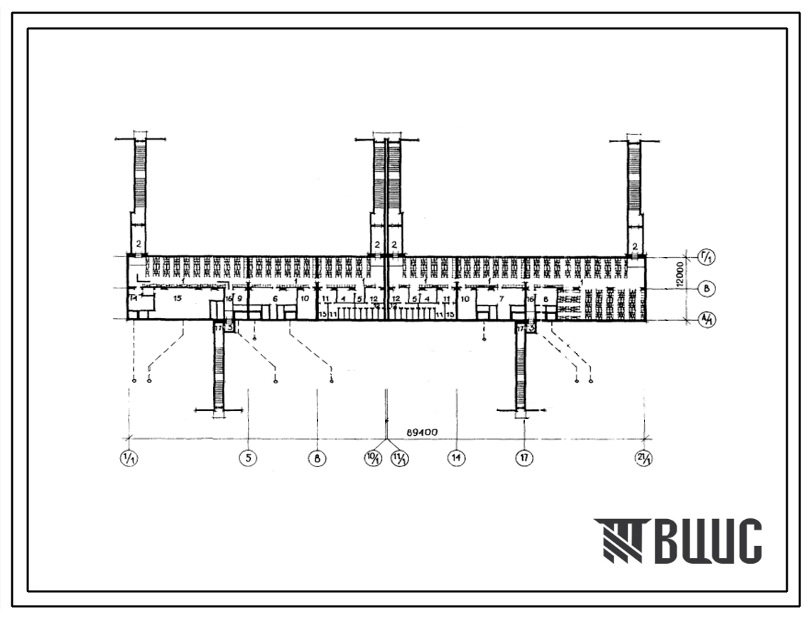 Типовой проект А-IV-1409(113-88-3/1.2) Хозяйственные помещения в подвале 5-этажного 6-секционного дома на 70 квартир, (убежище на 1409 человек, размеры убежища 89,4м на 12м, режимы вентиляции 1,2).