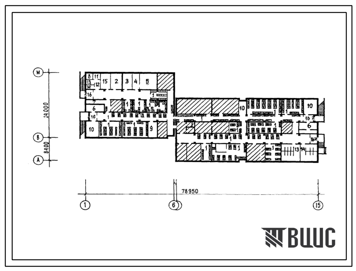 Типовой проект П-4-1185(254-2-26с.85) Вспомогательные помещения в подвале акушерского с стенами из кирпича на 30 коек для существующих ЦРБ, (убежище на 1185 человек, размеры убежища 78,95м на 34,2м, режимы вентиляции 1,2).