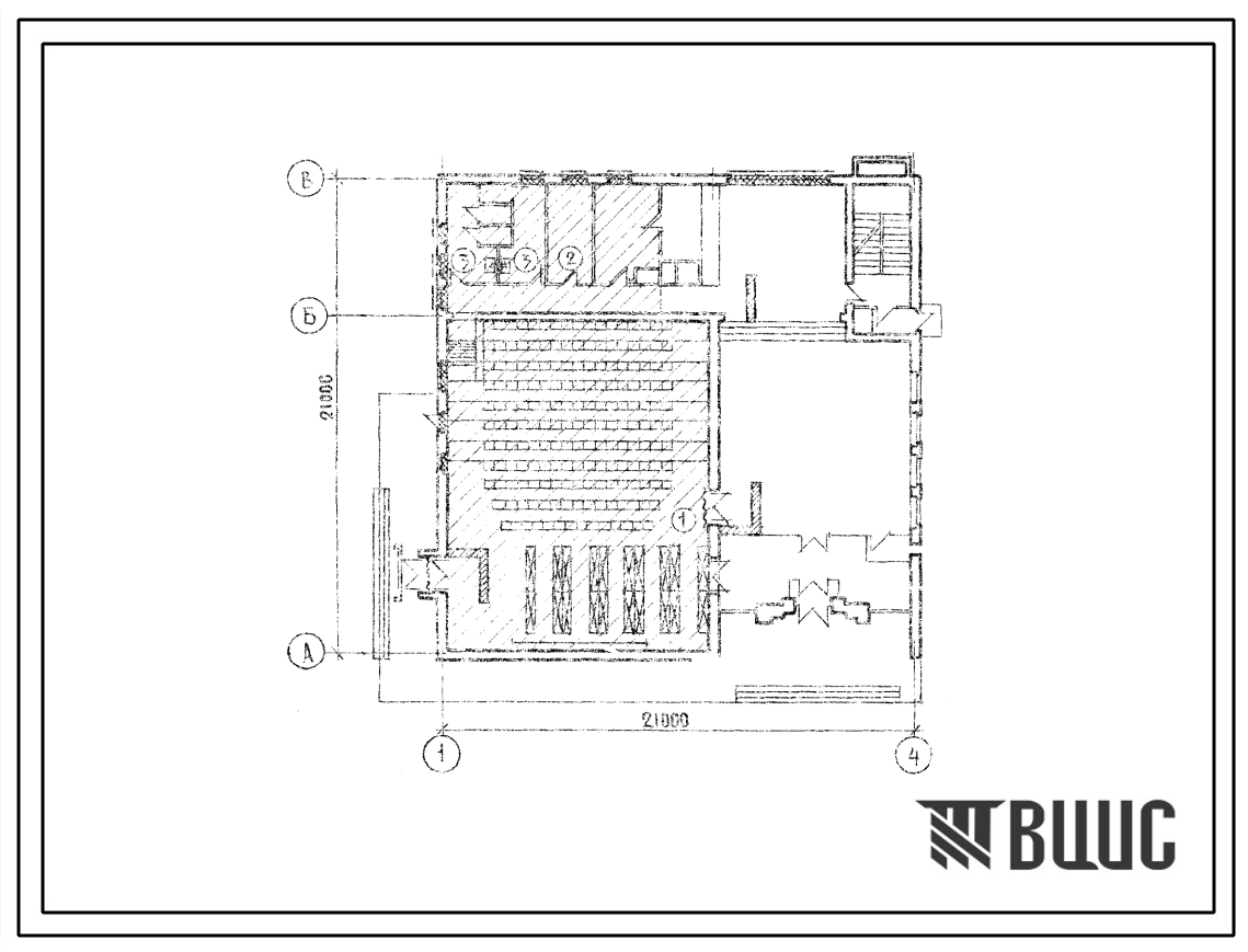 Типовой проект Б-3-260(264-13-76) Двойное использование первого этажа кинотеатра на 200 мест с фойе со стенами из кирпича, (убежище на 260 человек, размеры убежища 21м на 21м, режимы вентиляции 1,2,3).