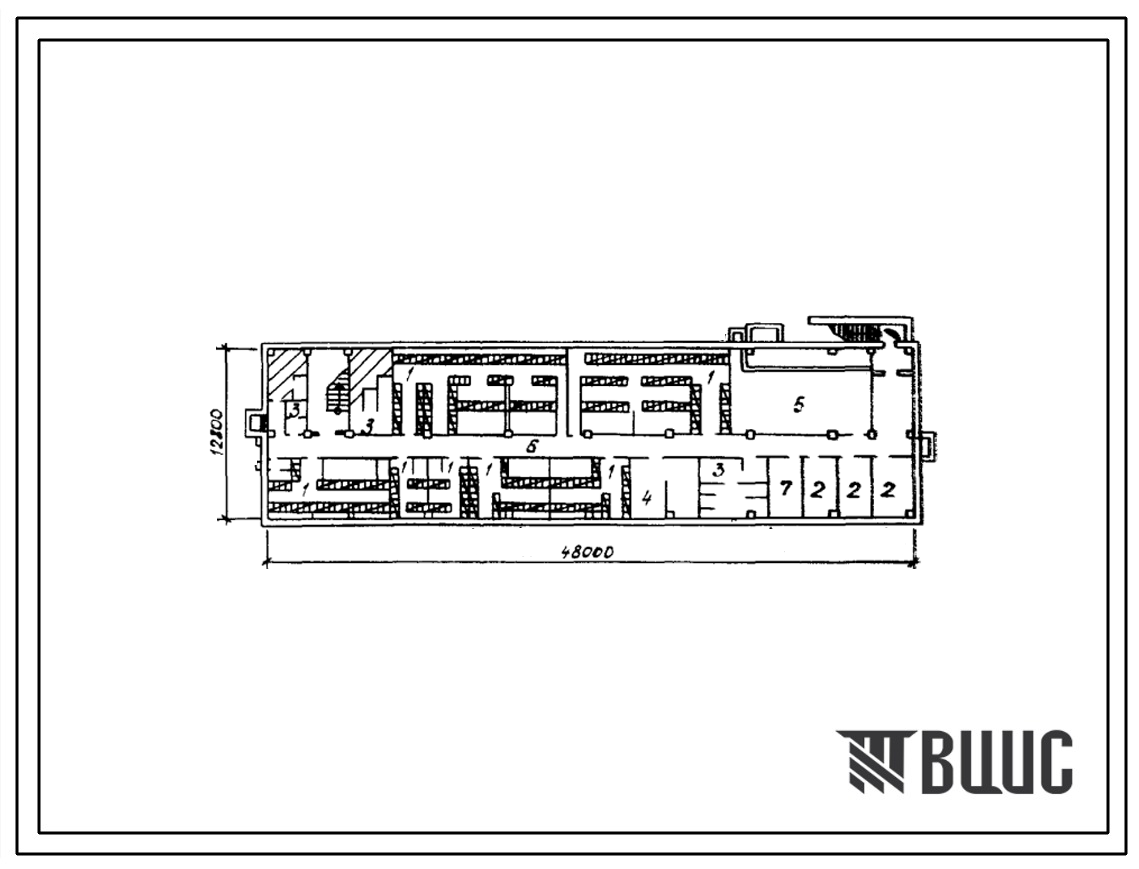 Типовой проект П-2, (П-4)-480(416-9-18.83) Бытовые помещения в подвале служебно-бытового здания со столовой для промзоны, приспосабливаемые под ПРУ(убежище на 480 человек, размеры убежища 48м на 12,8м, режимы вентиляции 1,2,3).