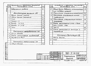 Состав фльбома. Типовой проект 416-5-41.89Альбом 2   Архитектурные решения. Конструкции железобетонные. Конструкции металлические. Отопление и вентиляция. Силовое электрооборудование. Электрическое освещение. Связь и сигнализация.     