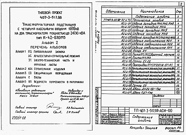 Состав фльбома. Типовой проект 407-3-515.88Альбом 2 Строительные изделия. (из типового проекта  407- 3-517.88)     