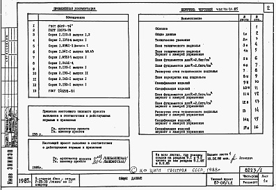 Состав фльбома. Типовой проект 87-08/1.2Альбом 1 Части 01.85, 02, 03 Чертежи архитектурно-строительные, отопление и вентиляция, водоснабжение и канализация ниже отм. 0.000
