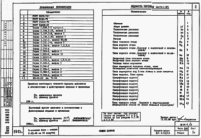 Состав фльбома. Типовой проект 87-010/1.2Альбом 2 Части 1.85, 2,3,4,5,6 Архитектурно-строительные чертежи, отопление и вентиляция, водоснабжение и канализация, газоснабжение, электрооборудование, устройства связи выше отм.0.000