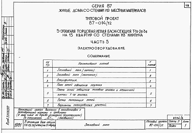 Состав фльбома. Типовой проект 87-014/1.2Альбом 2 Части 1.85, 2,3,4,5,6 Архитектурно-строительные чертежи, отопление и вентиляция, водоснабжение и канализация, газоснабжение, электрооборудование, устройства связи выше отм.0.000