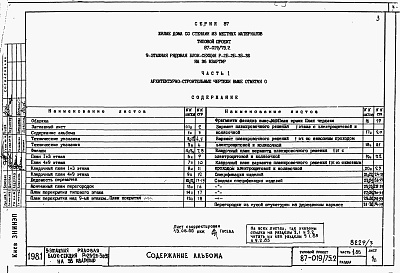 Состав фльбома. Типовой проект 87-019/75.2Альбом 3 Части 1.85, 2,3,4,5,6 Архитектурно-строительные чертежи, отопление и вентиляция, водоснабжение и канализация, газоснабжение, электрооборудование, устройства связи выше отм.0.000