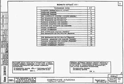 Состав фльбома. Типовой проект 87-082/2Альбом 1 Часть 01,02,03 Архитектурно-строительные чертежи, отопление и вентиляция, водоснабжение и канализация ниже отм. 0.000