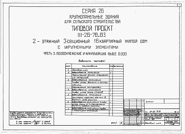 Состав фльбома. Типовой проект 111-26-78.83Альбом 1 Части 0, 01, 02, 03, 1, 2, 3, 4, 5, 6 Общая часть. Архитектурно-строительные чертежи ниже отм. 0,000. Отопление и вентиляция ниже отм. 0,000. Водопровод и канализация ниже отм. 0,000. Архитектурно-строительные чертежи выше отм. 0,000. Отопление и