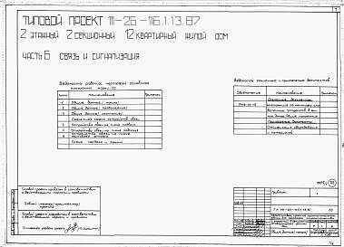 Состав фльбома. Типовой проект 111-26-116.1.13.87Альбом 1 Части 0, 01, 02, 03, 1, 2, 3, 4, 5, 6 Общие архитектурно-строительные решения. Архитектурно-строительные решения ниже отм. 0,000. Отопление и вентиляция ниже отм. 0,000. Внутренние водопровод и канализация ниже отм. 0,000. Архитектурно-строительн