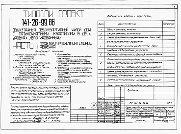 Состав фльбома. Типовой проект 141-26-99.86 Альбом 1 Части 0, 1, 2, 3, 5, 6 Общая часть. Архитектурно-строительные решения. Отопление и вентиляция. Внутренний водопровод и канализация. Электрооборудование. Связь и сигнализация