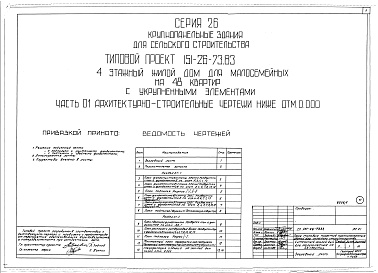 Состав фльбома. Типовой проект 151-26-73.83Альбом 1 Части 0, 01, 02, 03, 1, 2, 3, 4, 5, 6 Общая часть. Архитектурно-строительные чертежи ниже отм. 0,000. Отопление и вентиляция ниже отм. 0,000. Водопровод и канализация ниже отм. 0,000. Архитектурно-строительные чертежи выше отм. 0,000. Отопление и