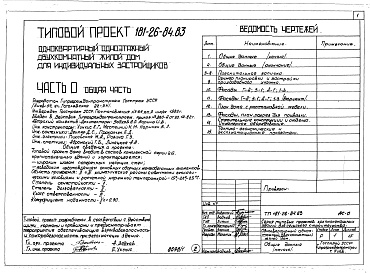 Состав фльбома. Типовой проект 181-26-84.83Альбом 1 Части 0, 1, 2, 3, 5, 6 Общая часть. Архитектурно-строительные чертежи. Отопление и вентиляция. Водопровод и канализация. Электрооборудование. Устройство связи