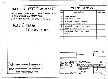 Состав фльбома. Типовой проект 181-26-84.83Альбом 1 Части 0, 1, 2, 3, 5, 6 Общая часть. Архитектурно-строительные чертежи. Отопление и вентиляция. Водопровод и канализация. Электрооборудование. Устройство связи