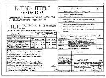 Состав фльбома. Типовой проект 181-26-102.87Альбом 1 Части 0, 1, 2, 3, 4, 5, 6 Общая часть. Архитектурно-строительные решения. Отопление и вентиляция. Внутренний водопровод и канализация. Газоснабжение. Электрооборудование. Связь и сигнализация