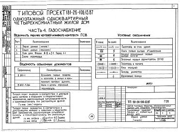 Состав фльбома. Типовой проект 181-26-106.13.87Альбом 1 Части 0, 1, 2, 3, 4, 5, 6 Общая часть. Архитектурно-строительные решения. Отопление и вентиляция. Внутренний водопровод и канализация. Газоснабжение. Электрооборудование. Связь и сигнализация