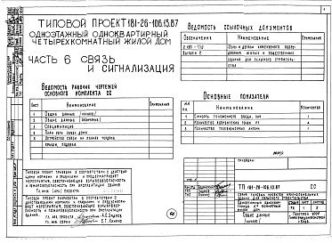 Состав фльбома. Типовой проект 181-26-106.13.87Альбом 1 Части 0, 1, 2, 3, 4, 5, 6 Общая часть. Архитектурно-строительные решения. Отопление и вентиляция. Внутренний водопровод и канализация. Газоснабжение. Электрооборудование. Связь и сигнализация