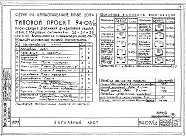 Состав фльбома. Типовой проект 94-07/1.2Альбом 6 Часть 03 Водоснабжение и канализация ниже отм.0.000 Раздел 03-1 Для обычных условий строительства